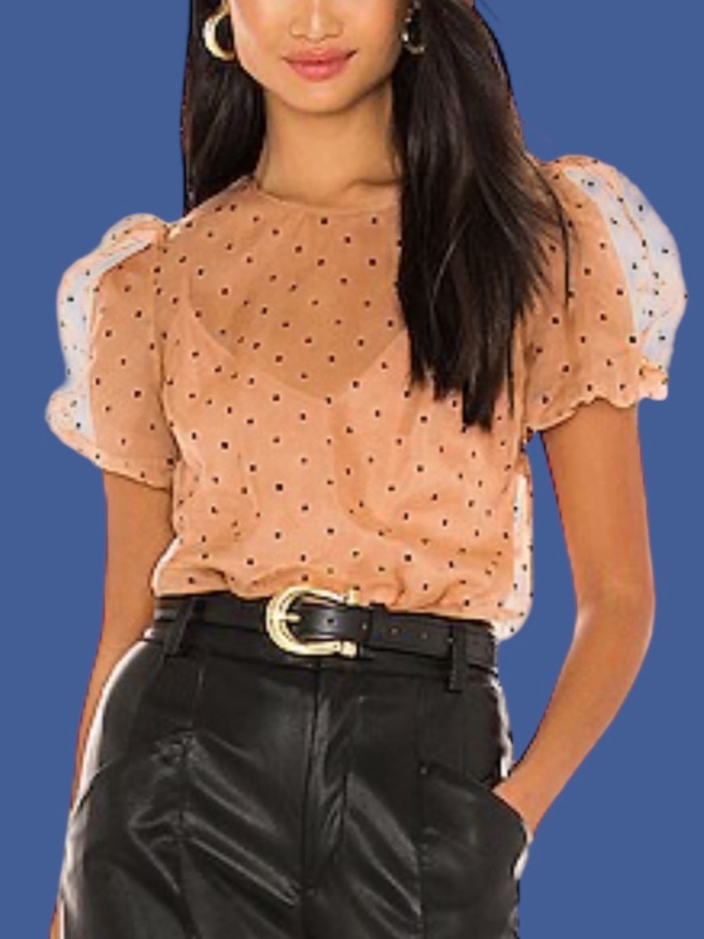 Cami NYC Peachy Tan Sheer Polka Dot Puff Sleeve Blouse Bethany Body Suit XXS